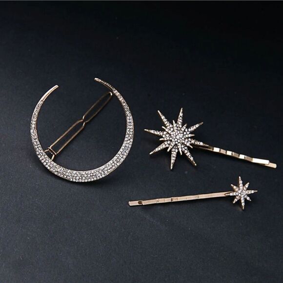 RAWLUXE Jewelry - 🖤 LAST ONE! 🖤 CRESCENT MOON & STARS GODDESS HAIR PIN BOBBY PIN BLING TRIO NWT